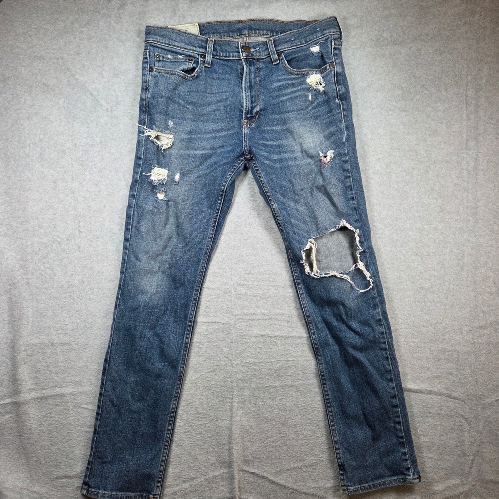 Hollister Skinny Jeans Men 32x28 Blue Distressed Epic Flex Ripped Knee